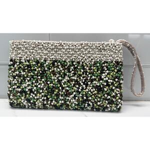 Beaded Clutch Wristlet Purse, Green Black Amber White Cream Beads, Zipper Close